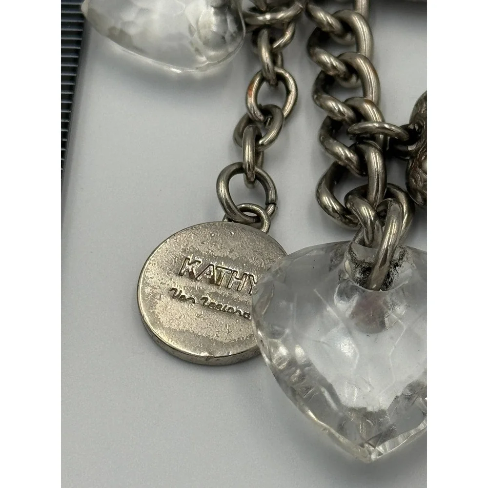 Kathy Van‎ Zeeland Silver Tone Heart Bag Charm Keychain Clear Faceted Hearts Y2K